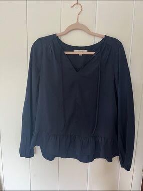 LOFT Navy Long-Sleeve V-Neck Ruffle Hem Blouse
